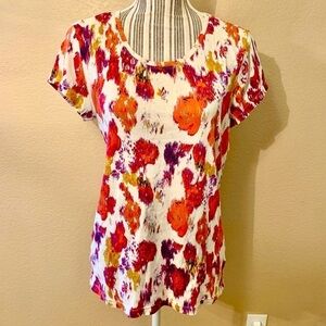Daisy Fuentes Top Large Cream Orange Purple Gold Abstract Floral Cotton